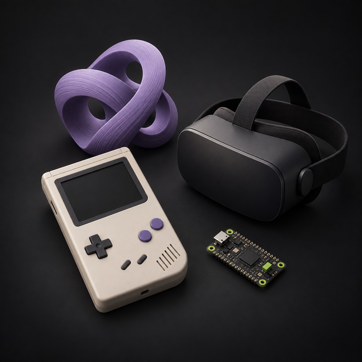 Illustration eines Retro-Handhelds, einer violetten 3D-Druck-Skulptur, einer VR-Brille und einer kleinen Platine.
